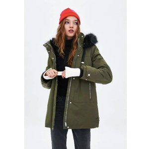 Zara WOMEN Water Resistant Padded Parka With Removable Hood Dark Khaki